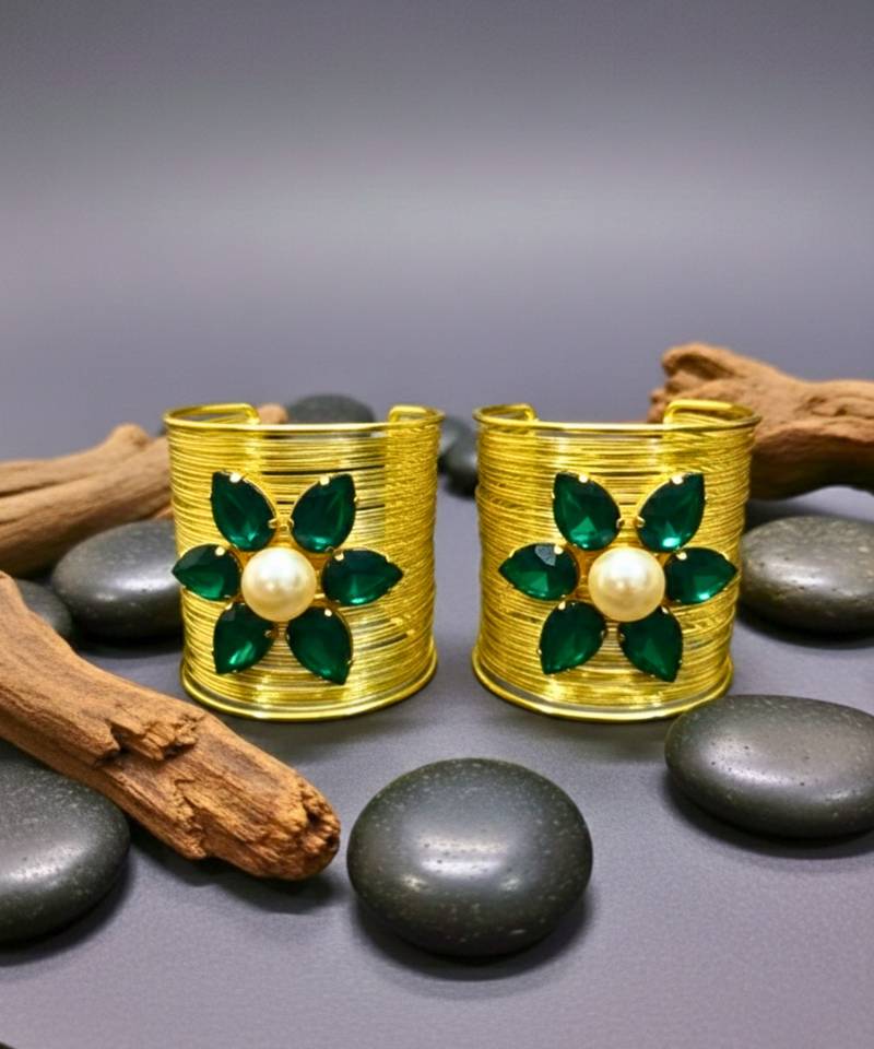 combo of two green crystal cz ad stone gold-plated floral cuff bangle bracelet