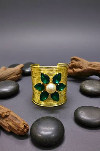 green crystal cz ad stone gold-plated fancy floral cuff bangle bracelet