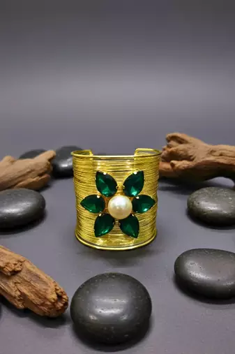 green crystal cz ad stone gold-plated fancy floral cuff bangle bracelet