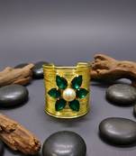green crystal cz ad stone gold-plated fancy floral cuff bangle bracelet