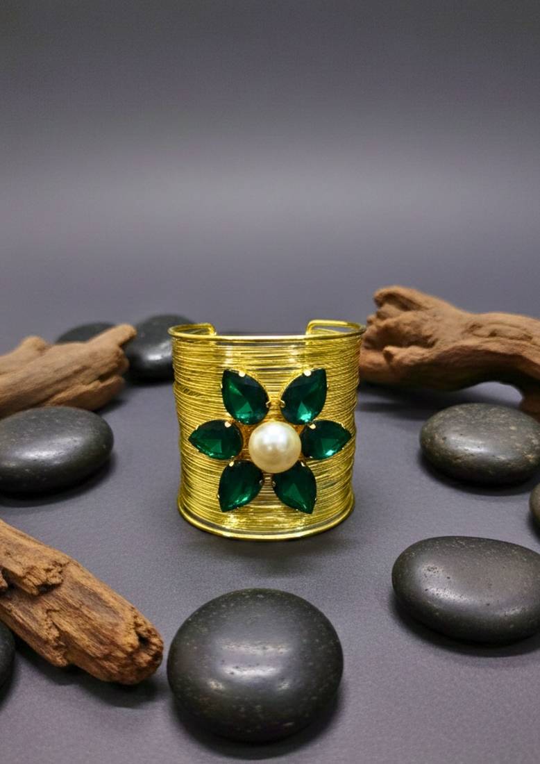 green crystal cz ad stone gold-plated fancy floral cuff bangle bracelet