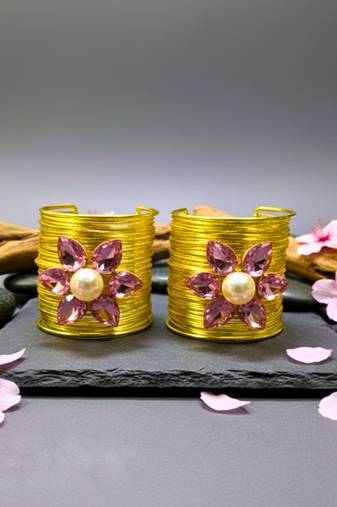 combo of two pink crystal cz ad stone gold-plated floral cuff bangle bracelet