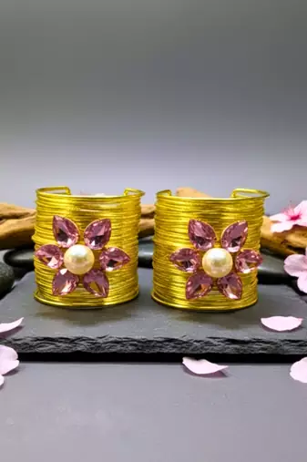 combo of two pink crystal cz ad stone gold-plated floral cuff bangle bracelet