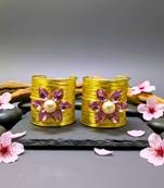 combo of two pink crystal cz ad stone gold-plated floral cuff bangle bracelet