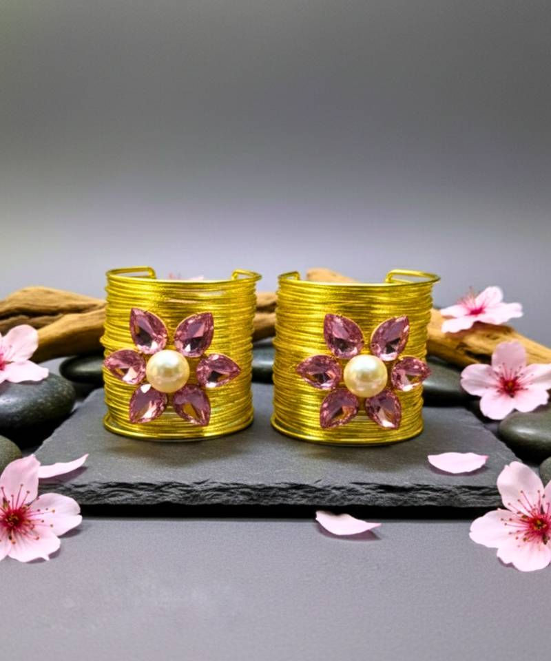 combo of two pink crystal cz ad stone gold-plated floral cuff bangle bracelet