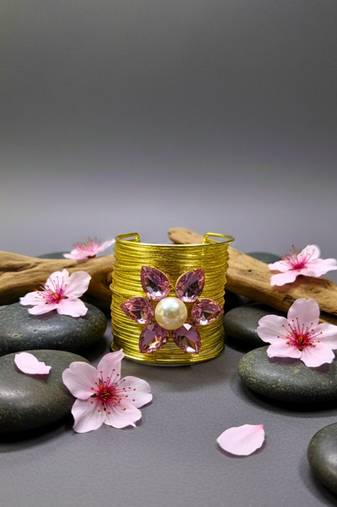pink crystal cz  ad stone gold-plated fancy floral cuff bangle bracelet
