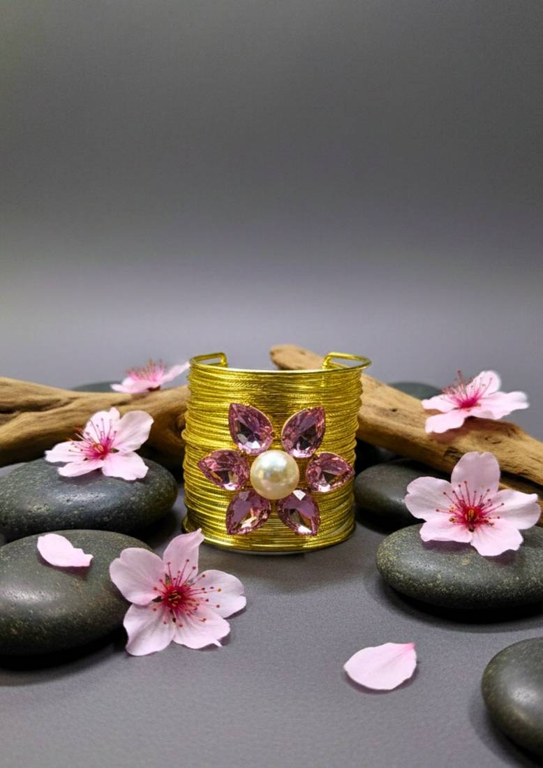 pink crystal cz  ad stone gold-plated fancy floral cuff bangle bracelet