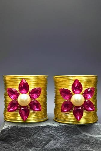 combo of two hot pink crystal cz ad stone gold-plated floral cuff bangle bracelet