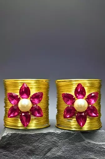 combo of two hot pink crystal cz ad stone gold-plated floral cuff bangle bracelet