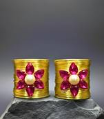 combo of two hot pink crystal cz ad stone gold-plated floral cuff bangle bracelet