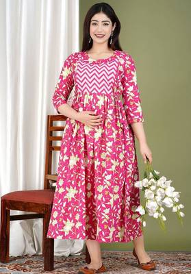 Women floral printed round neck  cotton maternity dress 1