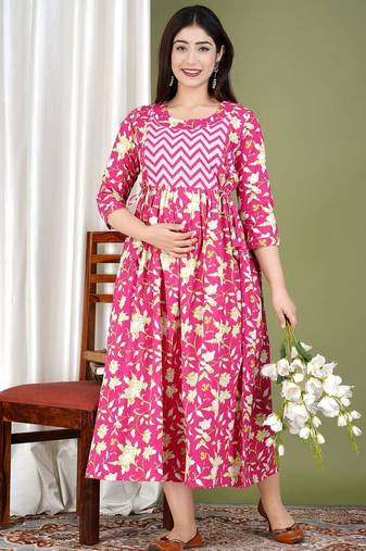 Women floral printed round neck pure cotton maternity dress