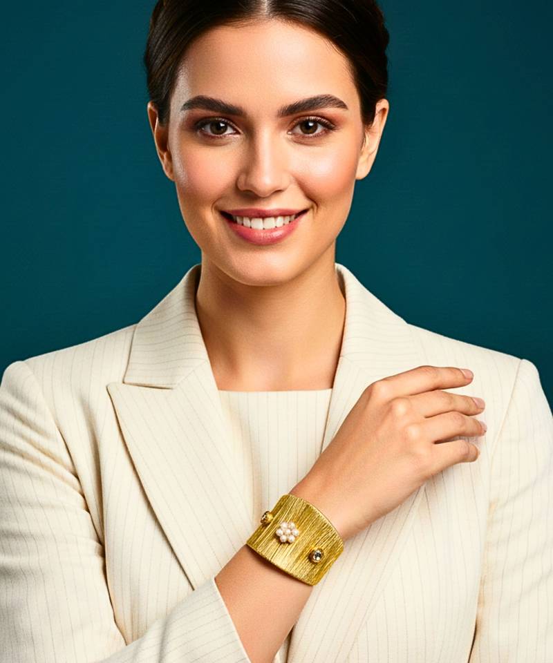 party wear pearl kundan stone gold-plated adjustable cuff bracelet