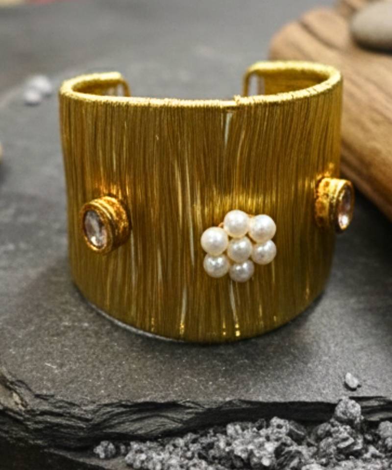 party wear pearl kundan stone gold-plated adjustable cuff bracelet