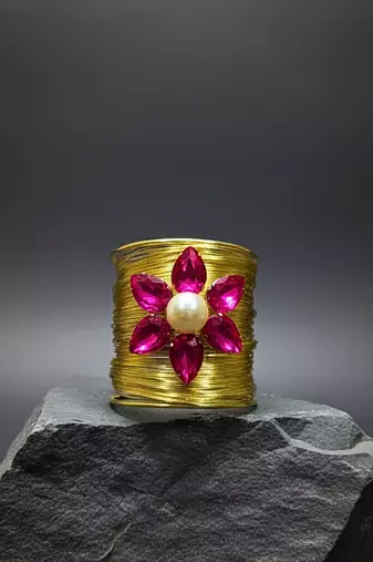 hot pink crystal cz ad stone gold-plated fancy floral cuff bangle bracelet