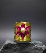 hot pink crystal cz ad stone gold-plated fancy floral cuff bangle bracelet