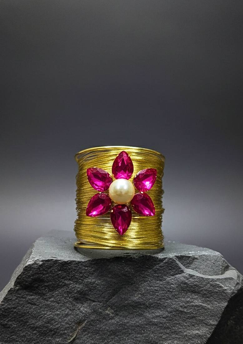 hot pink crystal cz ad stone gold-plated fancy floral cuff bangle bracelet