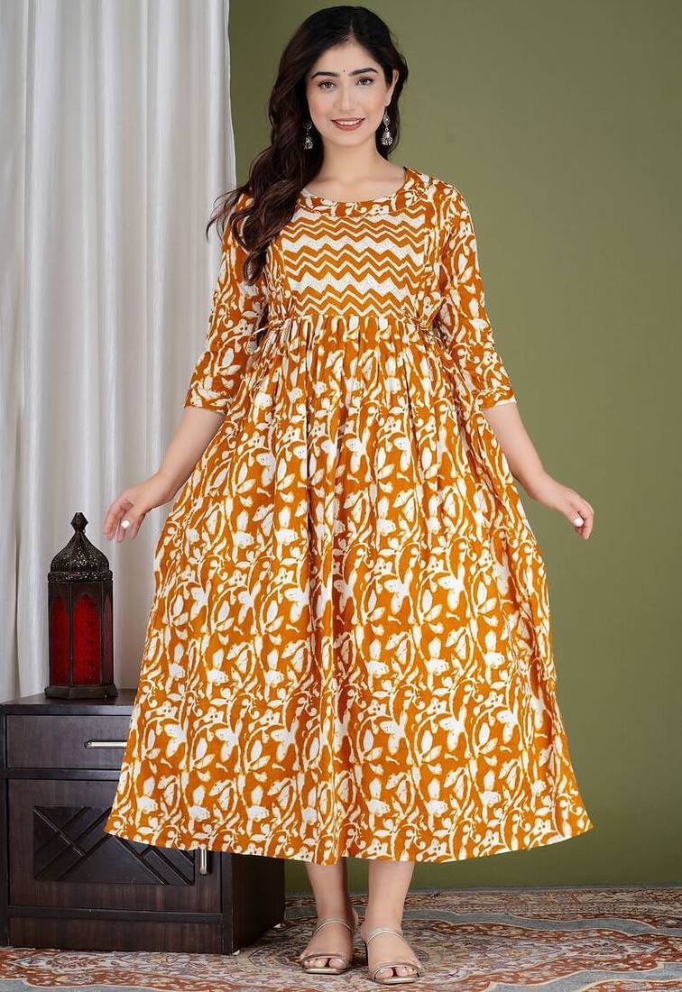 Women floral printed round neck pure cotton maternity dress