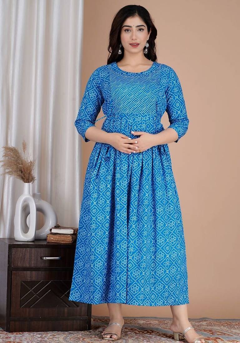 Women floral printed round neck pure cotton maternity dress