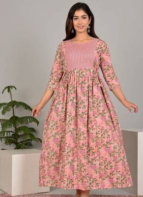 Women floral printed round neck  cotton maternity dress 1