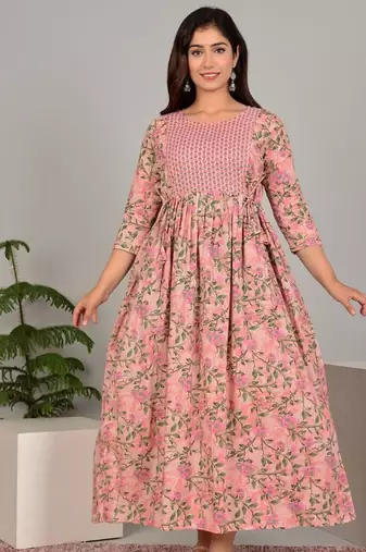 Women floral printed round neck pure cotton maternity dress