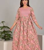 Women floral printed round neck pure cotton maternity dress