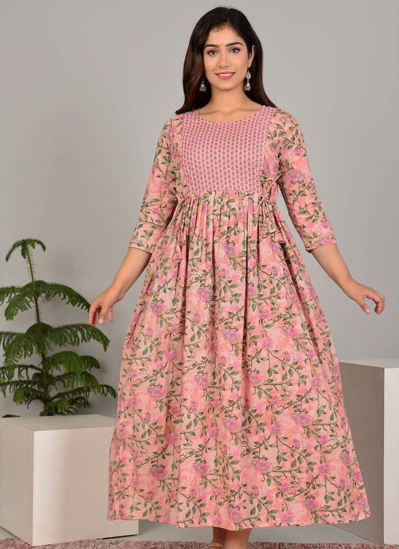Women floral printed round neck pure cotton maternity dress