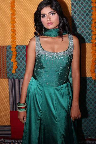 blue embroidered satin lehenga set