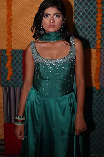 blue embroidered satin lehenga set