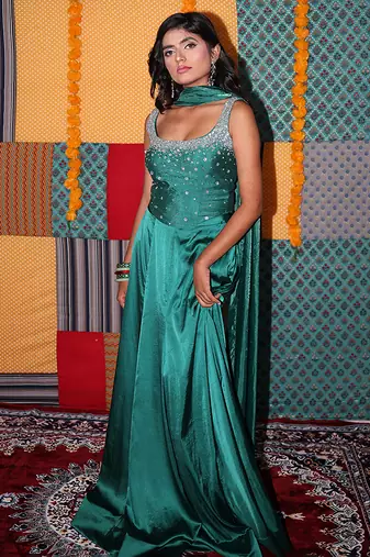 blue embroidered satin lehenga set