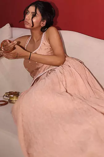 beige embroidered tissue lehenga set