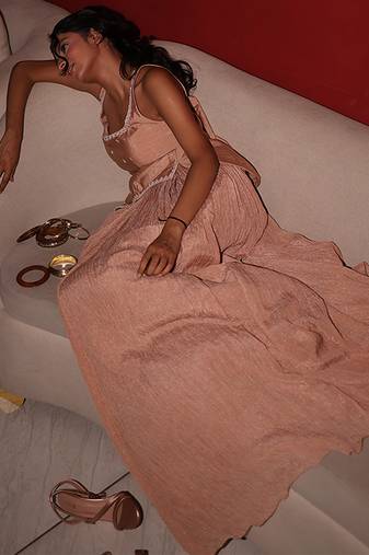 beige embroidered tissue lehenga set