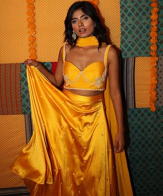 yellow embroidered satin lehenga set 1