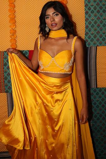 yellow embroidered satin lehenga set