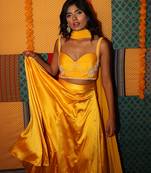 yellow embroidered satin lehenga set