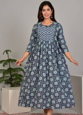 Women floral printed round neck  cotton maternity dress 1
