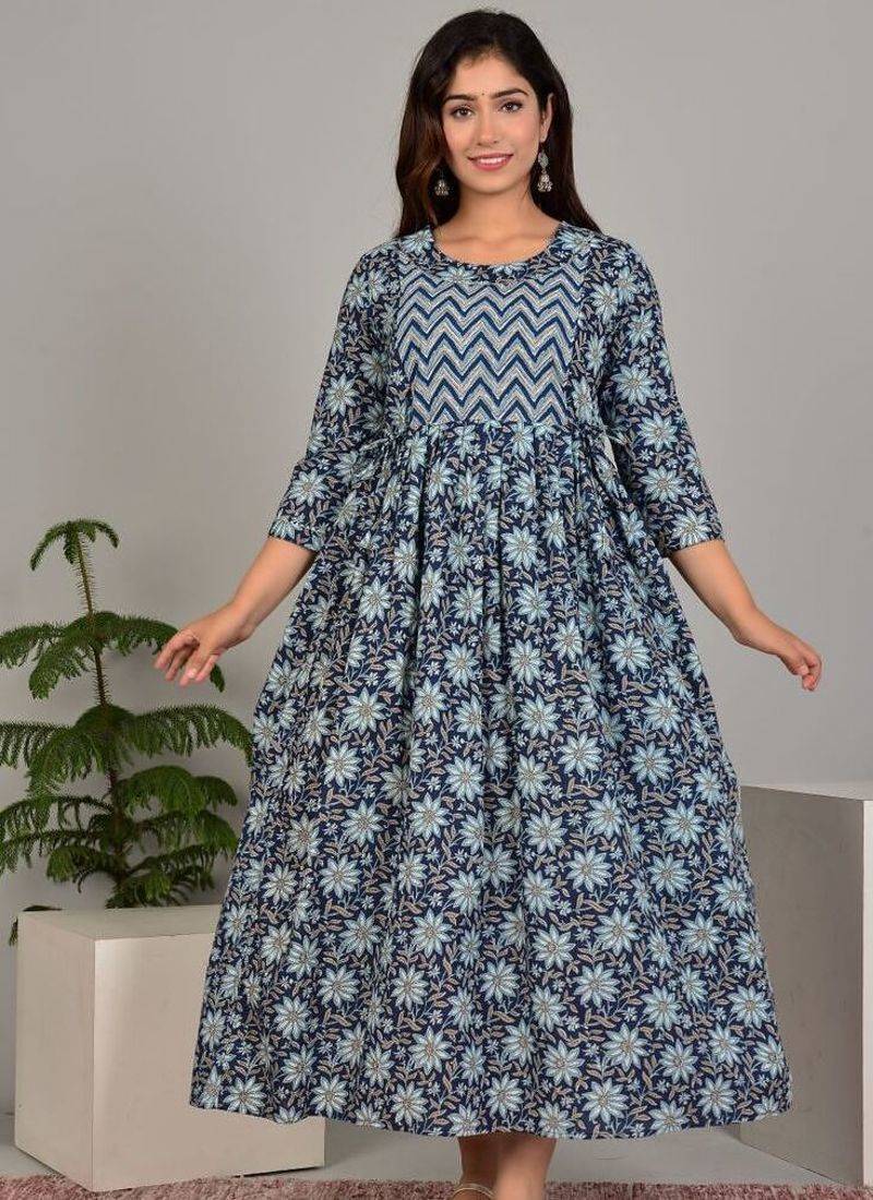 Women floral printed round neck pure cotton maternity dress