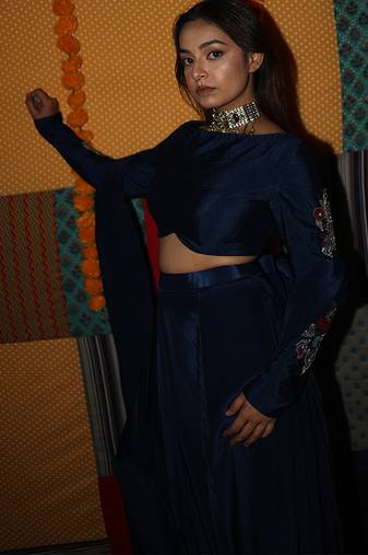 blue embroidered crepe lehenga set
