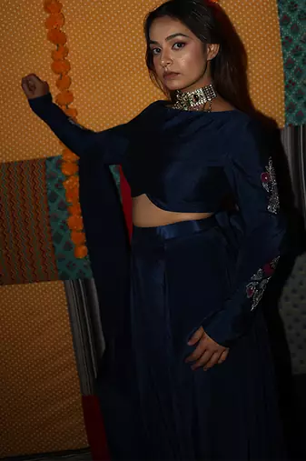 blue embroidered crepe lehenga set