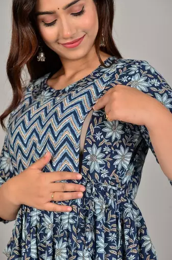 Women floral printed round neck  cotton maternity dress