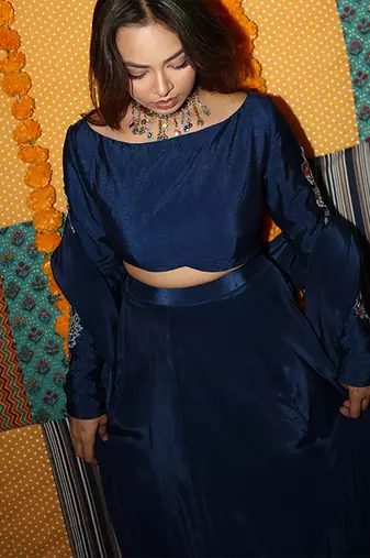 blue embroidered crepe lehenga set