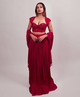 red embroidered silk lehenga set 1