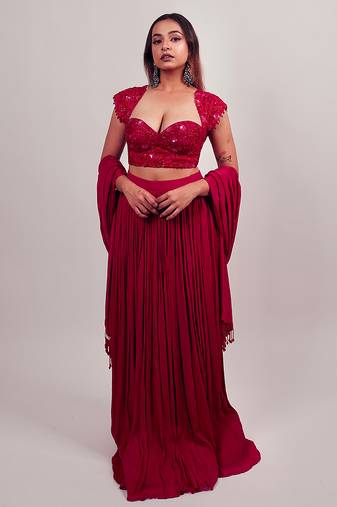 red embroidered silk lehenga set