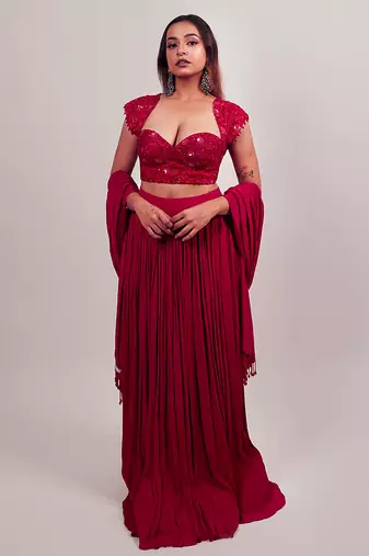 red embroidered silk lehenga set