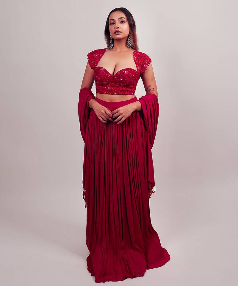 red embroidered silk lehenga set