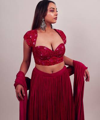 red embroidered silk lehenga set 2