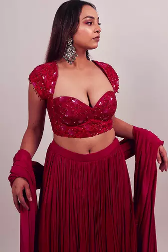 red embroidered silk lehenga set