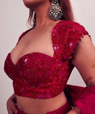 red embroidered silk lehenga set 3