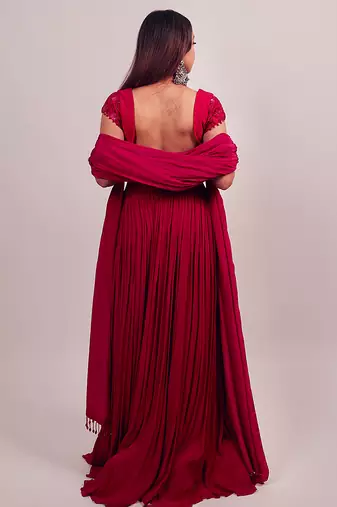 red embroidered silk lehenga set