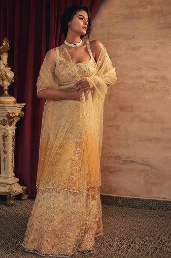gold embroidered net lehenga set